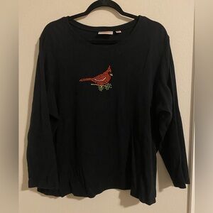 Quacker Factory Size 2X Black Long-Sleeve Top w/Gemstone Cardinal Embellishment